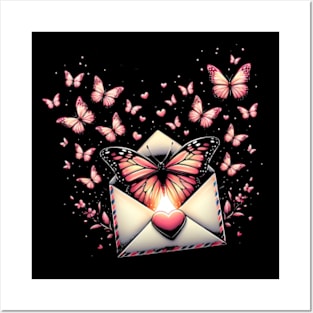 Valentine's Day - love letter and envelope, butterfly pink Posters and Art